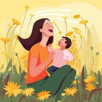 Portrait of a beautiful young mother laughing while holding on her legs her little kid which is laughing while closed eyes in a field of flowers. Illustration vector