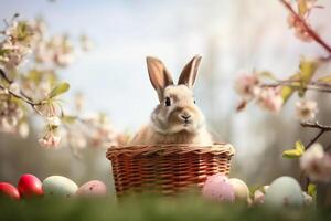 ai generado Conejo con cesta y Pascua de Resurrección huevos al aire libre foto