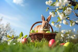 AI Generated rabbit with basket and Easter eggs outdoors photo