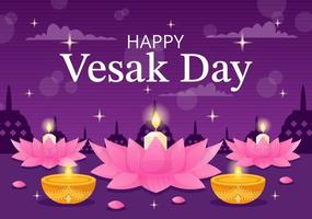 Vesak Day Celebration Vector Illustration with Temple Silhouette, Lotus Flower, Lantern or Buddha Person in Flat Cartoon Hand Drawn Templates