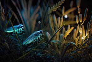 Shiny glowing magical grass and insects close-up. photo