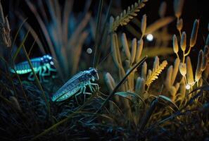 brillante brillante mágico césped y insectos de cerca. generativo ai foto