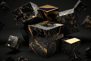 Abstract black golden marble cubes geometric background. photo