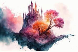 Colorful watercolor castle on the island. photo