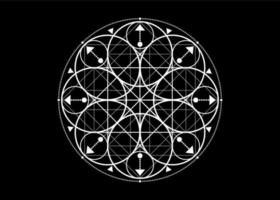 Sacred Geometry symbol. Logo icon Geometric mystic mandala of alchemy esoteric Flower of Life. Mystical arrows of fortune, white vector tattoo divine meditative amulet isolated on black background