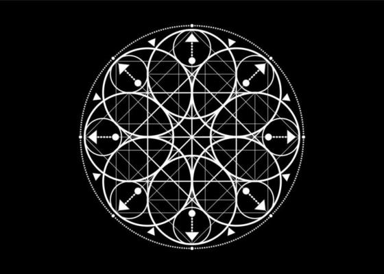 Sacred Geometry symbol. Logo icon Geometric mystic mandala of alchemy esoteric Flower of Life. Mystical arrows of fortune, white vector tattoo divine meditative amulet isolated on black background