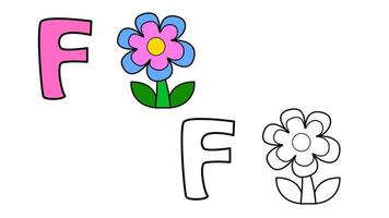 Cartoon flower and letter F coloring book vector illustration for children