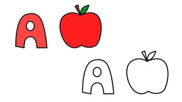 Cartoon apple and letter A coloring book. Vector illustration for children