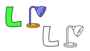 Cartoon lamp and letter L coloring book vector illustration for children