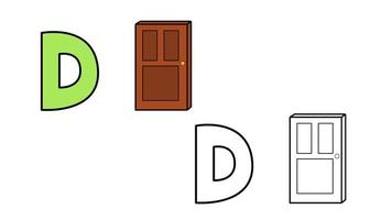 Cartoon door and letter D coloring book vector illustration for children
