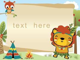 frame border text template with funny lion cartoon in Indian tribe accessories, owl on tree branches vector