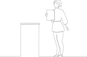 A young woman holding her finished voting paper vector