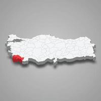 Mugla region location within Turkey 3d map vector