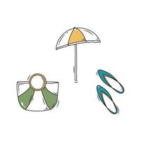 Doodle summer set of beach accessories sun unbrells, beach bag, summer slippers. vector