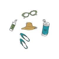 garabatear verano conjunto de playa accesorios Gafas de sol, sombrero, spf crema, agua, pizarras mano dibujado bosquejo estilo vector