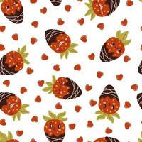 Cartoon strawberry fruit mascot, emoji expressions vector seamless pattern. Funny face food character emoticon chocolate dessert texture.