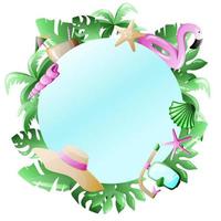 A round tropical frame with a palm leaf and a hat and a starfish on it. Template with space for text or logo for menu cover, flyer, banner, advertising. vector