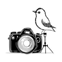 Vintage camera with perched bird. Minimalist monochrome vector illustration for photography-related designs, travel blogs, and more.