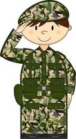 Cartoon Saluting Army Soldier in Khaki Green Camouflage Military History Illustration vector