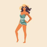 Beautiful young woman in hat. Girl in swimsuit is sunbathing under summer sun. Flat vector illustration isolated background