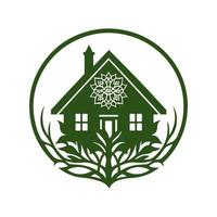 Eco-friendly house icon with leaf and flower vector design. Perfect for real estate, property management, and green housing logos and branding.