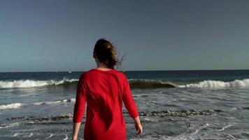 feliz jovem mulher dentro vermelho vestir caminhando para a água em a oceano de praia às pôr do sol. conceito do despreocupado moderno vida video