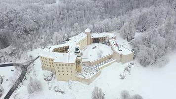 Aerial view oh historic renaissance castle Pieskowa Skala near Krakow in Poland in winter video