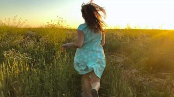 belleza niña corriendo en verde trigo campo terminado puesta de sol cielo. libertad concepto. trigo campo en puesta de sol. lento movimiento video