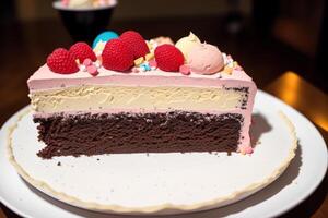 Piece of cake on a white plate on a wooden table. Homemade cake with nuts and honey. photo