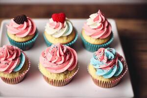 Colorful cupcakes on a white plate on a wooden table. Homemade cupcake with nuts and honey. photo