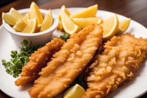 A plate of fish and chips with a bottle of ketchup in the background. photo