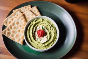 A bowl of hummus sits on a wooden table. photo