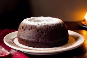 Piece of cake on a white plate on a wooden table. Homemade cake with nuts and honey. photo