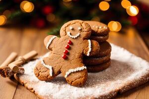 Christmas gingerbread cookies with icing sugar on the background of the Christmas tree. gingerbread man. photo