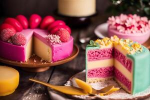 Marzipan. Variety of desserts and cakes on wooden background. photo