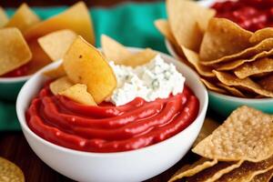 Potato chips in a bowl on a wooden background. photo