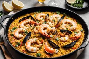 Paella, traditional spanish dish made with rice, Chicken and vegetables, served in a pan. Paella with seafood. Spanish cuisine. photo