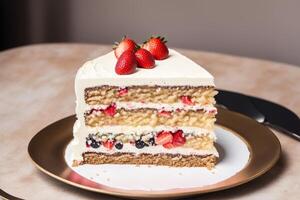 Piece of cake with strawberries and blueberries on a wooden background. Chocolate cake, Tiramisu cake. photo