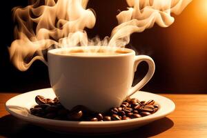 Coffee cup with steam on wooden table and black background. photo