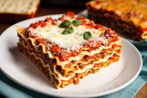 A stack of lasagna with a slice of lasagna on top on a wooden table. photo