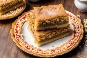 tradicional turco postre baklava con anacardo, nueces hecho en casa baklava con nueces y Miel. generativo ai foto