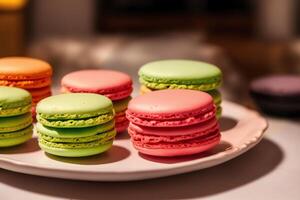 Colorful macaroons on a plate. Sweet cookies. photo