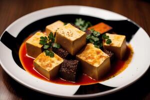 Tofu with sweet and sour sauce in a plate on wooden table. photo