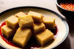Tofu with sweet and sour sauce in a plate on wooden table. photo