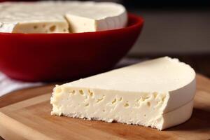 Cheese collection, variety of cheeses with tomatoes on wooden background. photo