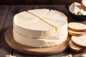 Cheese collection, variety of cheeses with tomatoes on wooden background. photo