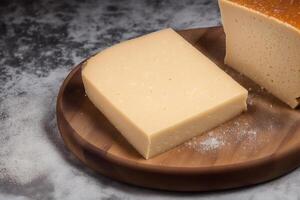 Cheese collection, variety of cheeses with tomatoes on wooden background. photo