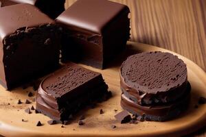 Chocolate bars and chocolate pieces on a wooden background, sweet food. Chocolate cake, Tiramisu cake. photo