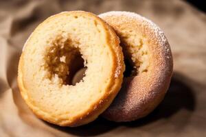 delicious homemade donuts on the table. tasty donuts on a wooden background, sweet food. photo