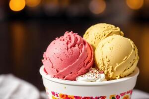 delicious ice cream in a cup, close-up, on the table. sweet food. photo